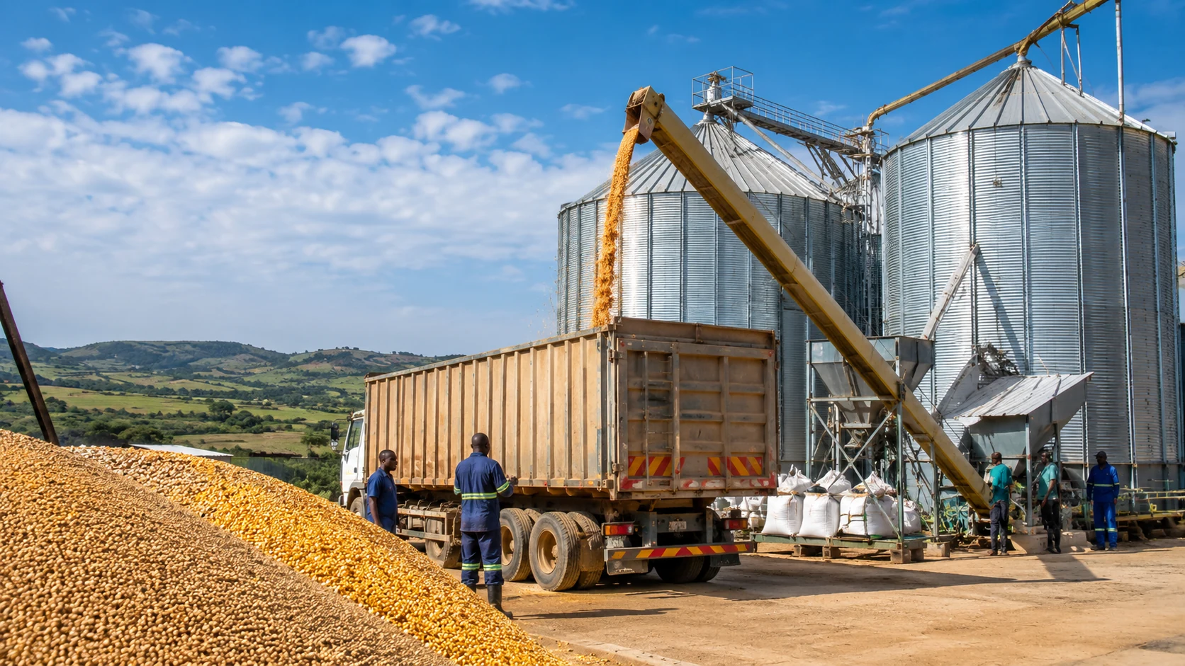 Grain being loaded near commercial storage silos and handling equipment