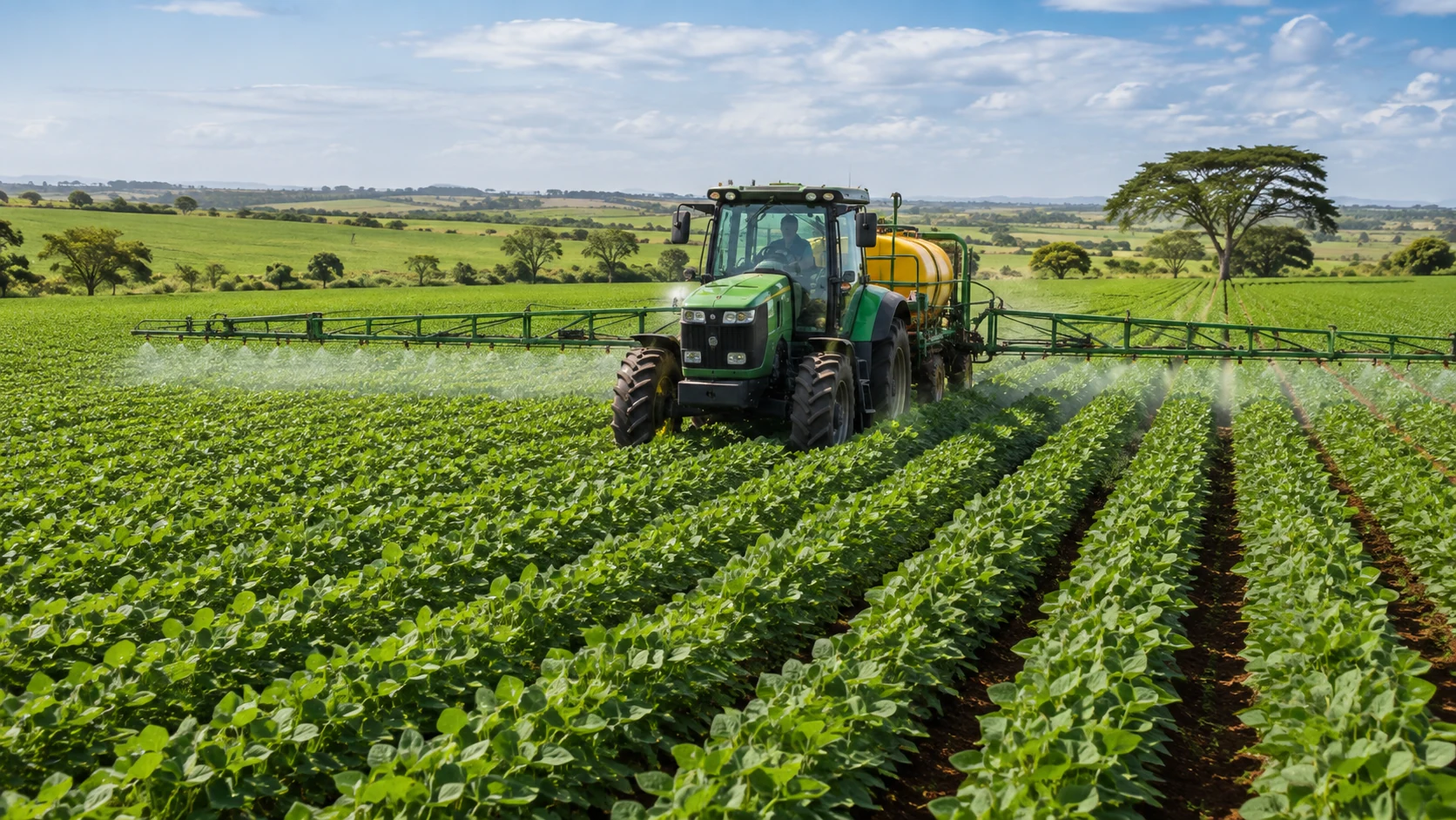 Boom sprayer tractor operating in a commercial soybean field