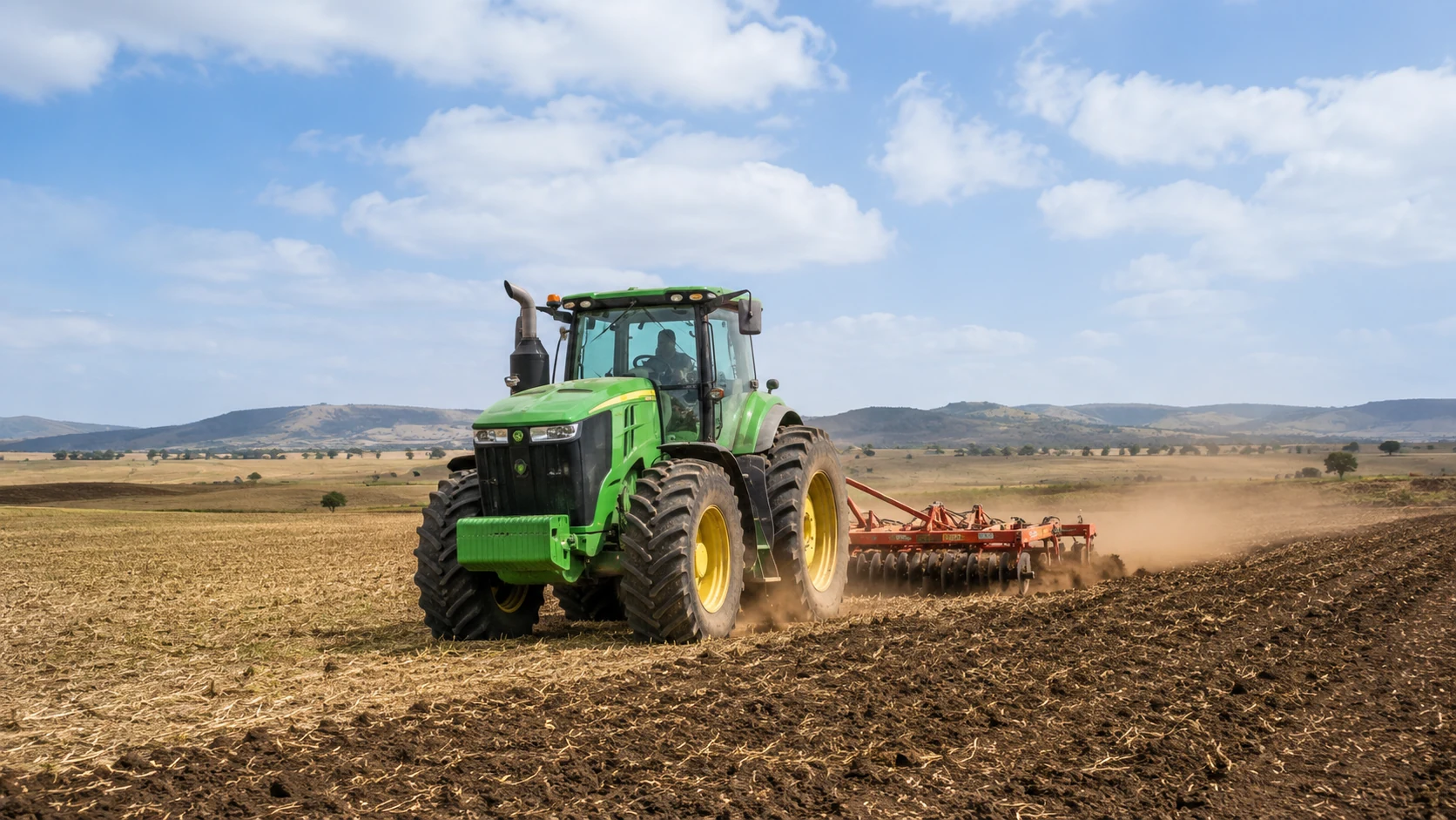 Heavy-duty tractor carrying out land preparation in a commercial field
